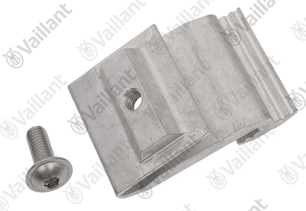 Vaillant-Montageklammer aus Metall mit einer integrierten Gewindebohrung, begleitet von einer passenden Schraube, zur Befestigung von Komponenten.